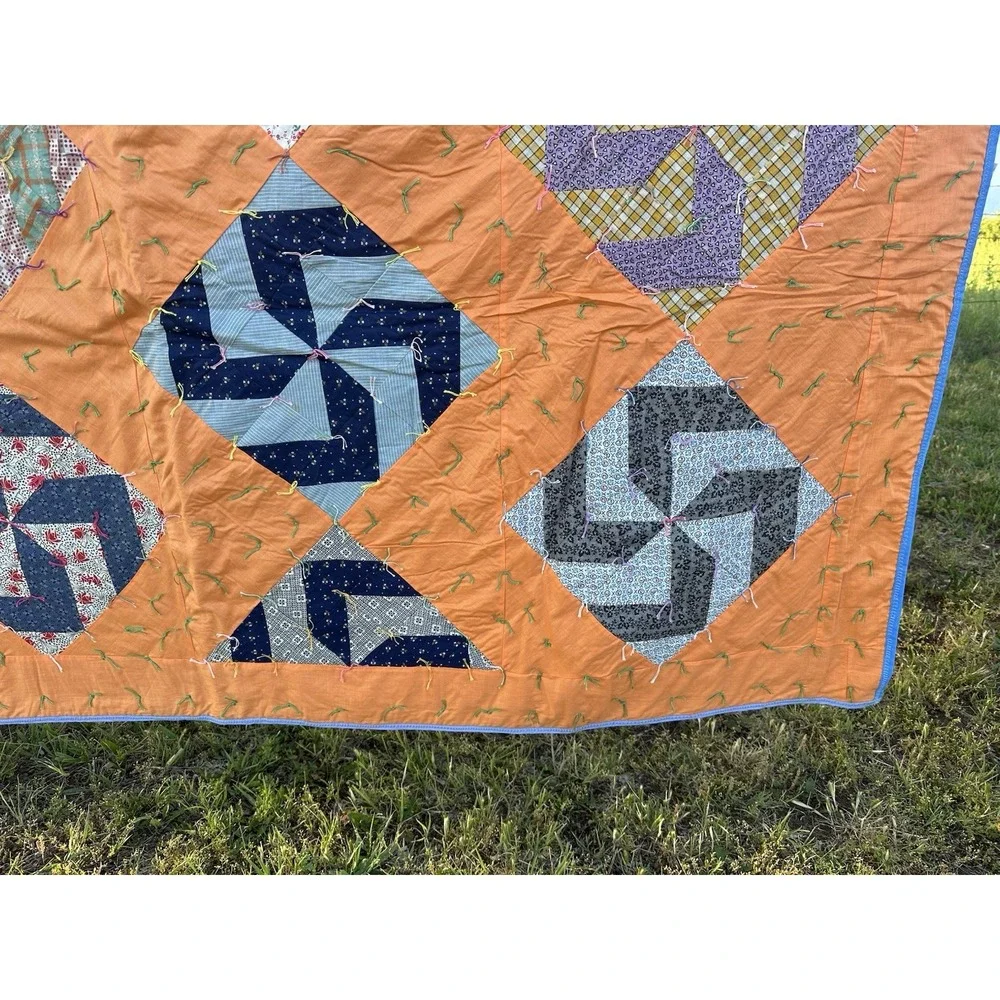 Vintage Hand Stitched Pinwheel Quilt, Approximately 68